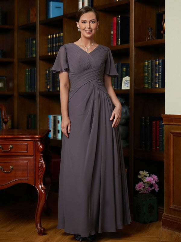 Jocelyn A-Line/Princess Chiffon Ruched V-neck Short Sleeves Floor-Length Mother of the Bride Dresses DFP0020304