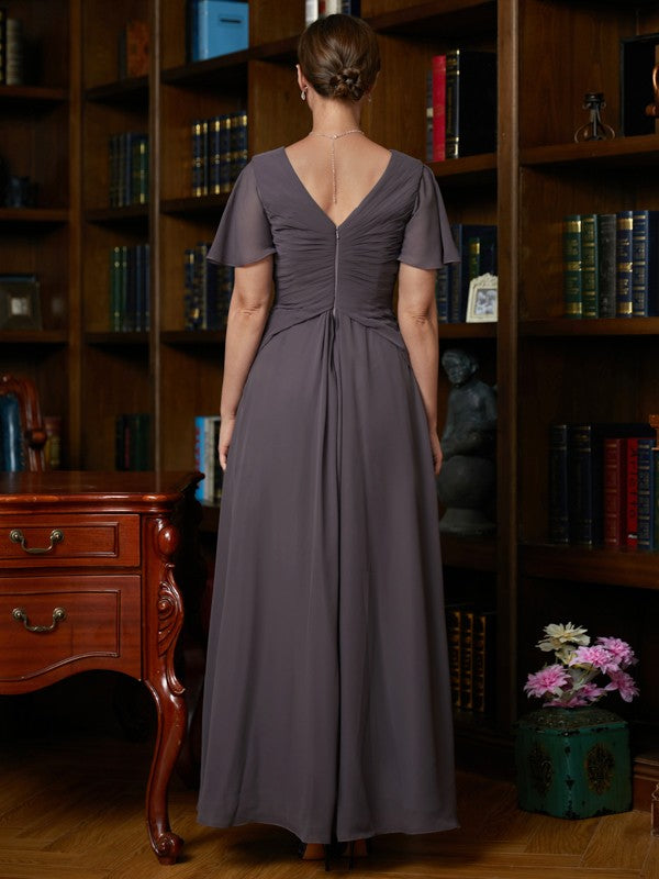 Jocelyn A-Line/Princess Chiffon Ruched V-neck Short Sleeves Floor-Length Mother of the Bride Dresses DFP0020304