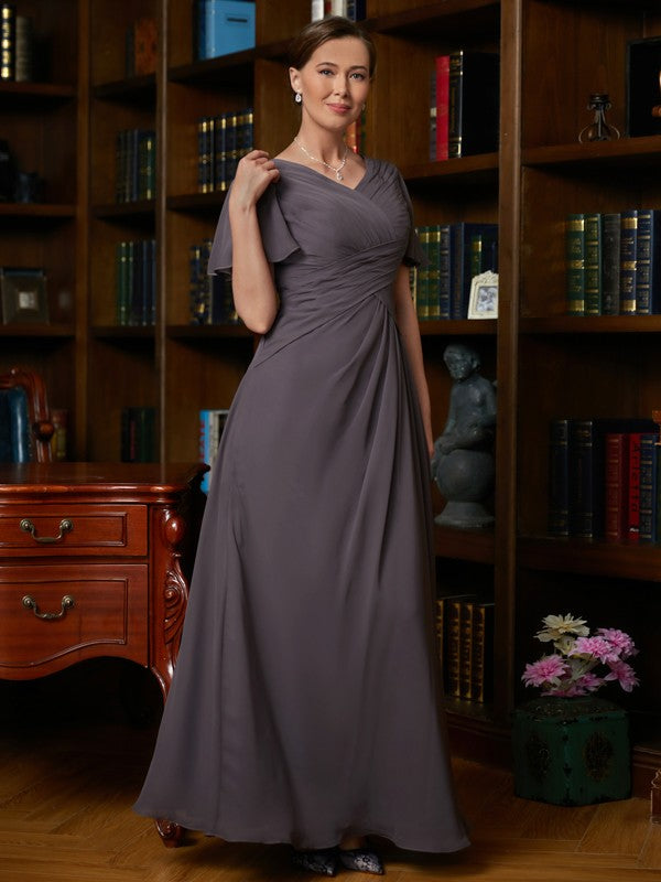 Jocelyn A-Line/Princess Chiffon Ruched V-neck Short Sleeves Floor-Length Mother of the Bride Dresses DFP0020304