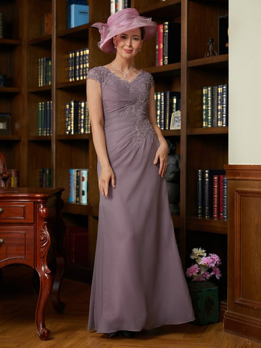 Jamiya Sheath/Column Chiffon Lace V-neck Short Sleeves Floor-Length Mother of the Bride Dresses DFP0020339