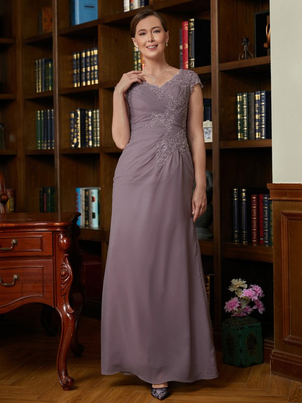 Jamiya Sheath/Column Chiffon Lace V-neck Short Sleeves Floor-Length Mother of the Bride Dresses DFP0020339