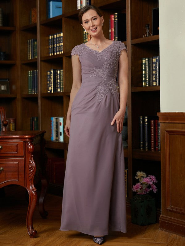 Jamiya Sheath/Column Chiffon Lace V-neck Short Sleeves Floor-Length Mother of the Bride Dresses DFP0020339