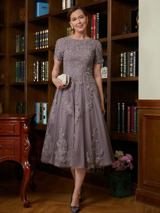 Ana A-Line/Princess Chiffon Lace Scoop Short Sleeves Tea-Length Mother of the Bride Dresses DFP0020302