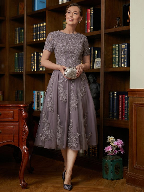 Ana A-Line/Princess Chiffon Lace Scoop Short Sleeves Tea-Length Mother of the Bride Dresses DFP0020302