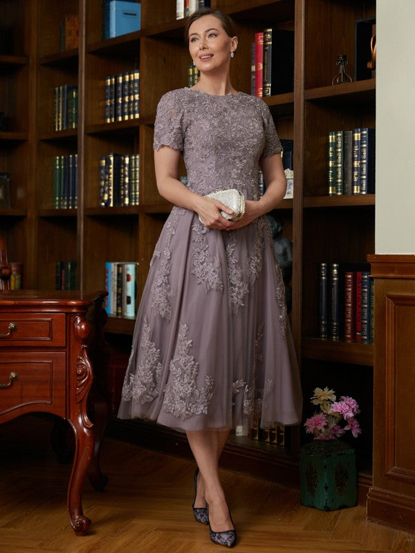 Ana A-Line/Princess Chiffon Lace Scoop Short Sleeves Tea-Length Mother of the Bride Dresses DFP0020302