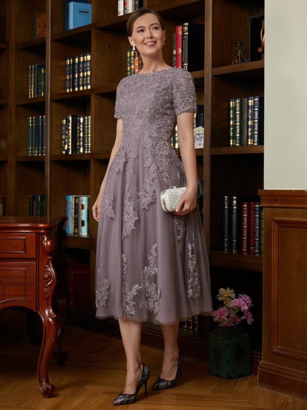 Ana A-Line/Princess Chiffon Lace Scoop Short Sleeves Tea-Length Mother of the Bride Dresses DFP0020302