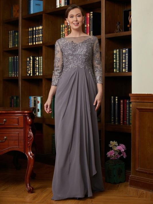 Naomi A-Line/Princess Chiffon Lace Scoop 3/4 Sleeves Floor-Length Mother of the Bride Dresses DFP0020341