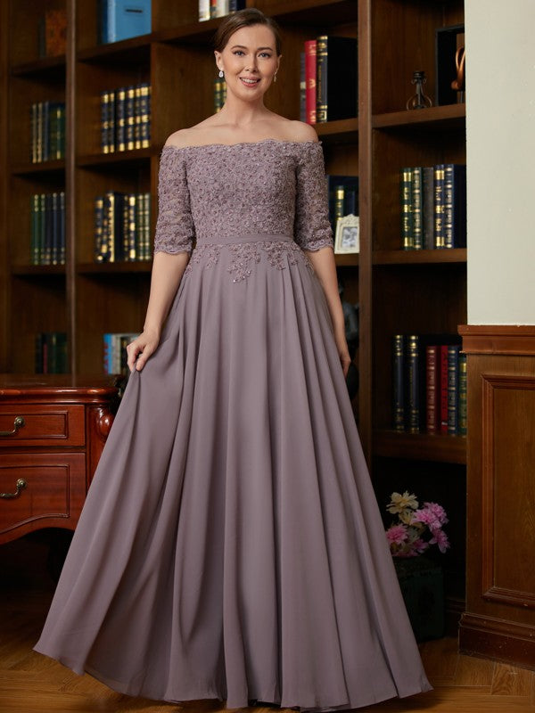 Makaila A-Line/Princess Chiffon Applique Off-the-Shoulder 3/4 Sleeves Floor-Length Mother of the Bride Dresses DFP0020308