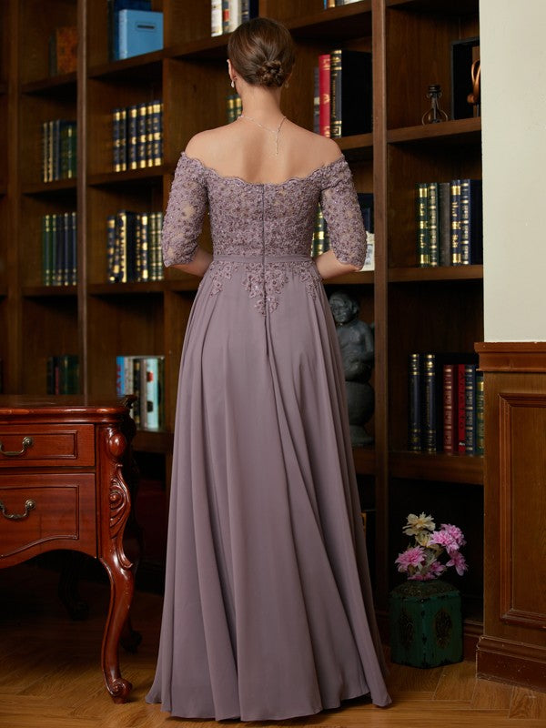 Makaila A-Line/Princess Chiffon Applique Off-the-Shoulder 3/4 Sleeves Floor-Length Mother of the Bride Dresses DFP0020308