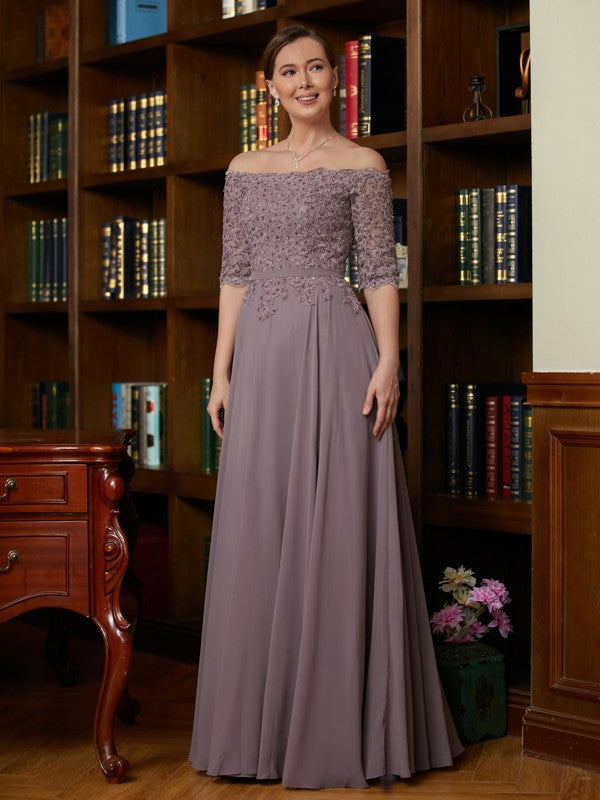 Makaila A-Line/Princess Chiffon Applique Off-the-Shoulder 3/4 Sleeves Floor-Length Mother of the Bride Dresses DFP0020308