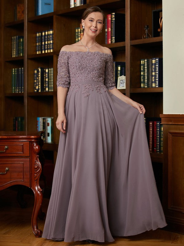 Makaila A-Line/Princess Chiffon Applique Off-the-Shoulder 3/4 Sleeves Floor-Length Mother of the Bride Dresses DFP0020308