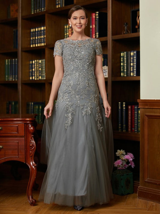 Irene A-Line/Princess Tulle Lace Scoop Short Sleeves Floor-Length Mother of the Bride Dresses DFP0020310