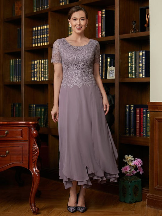 Pam A-Line/Princess Chiffon Lace Scoop Short Sleeves Ankle-Length Mother of the Bride Dresses DFP0020353