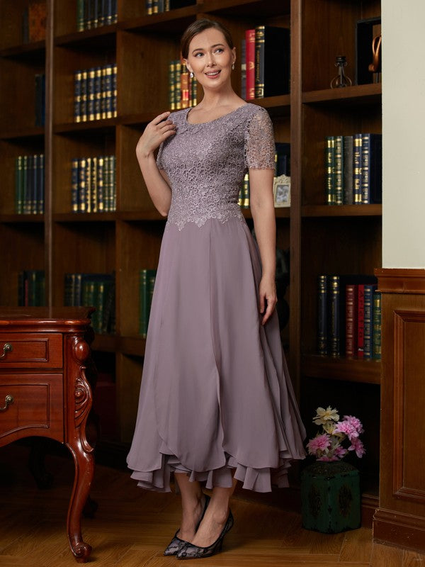 Pam A-Line/Princess Chiffon Lace Scoop Short Sleeves Ankle-Length Mother of the Bride Dresses DFP0020353