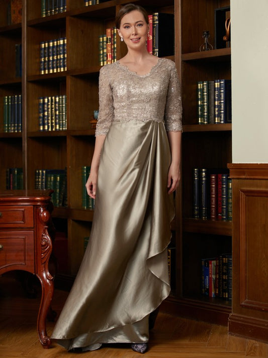 Jordan A-Line/Princess Silk Like Satin Lace V-neck 3/4 Sleeves Sweep/Brush Train Mother of the Bride Dresses DFP0020342