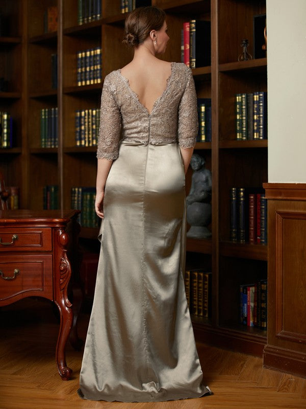 Jordan A-Line/Princess Silk Like Satin Lace V-neck 3/4 Sleeves Sweep/Brush Train Mother of the Bride Dresses DFP0020342