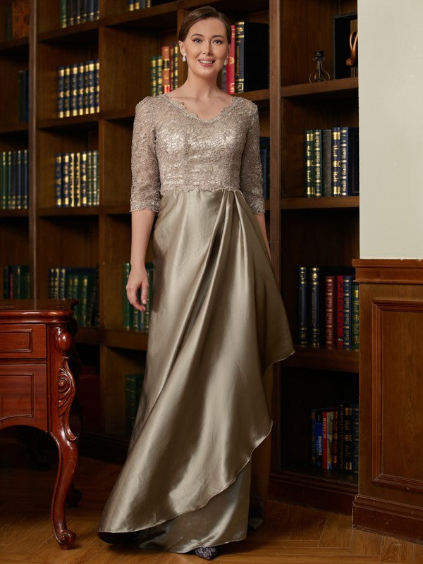 Jordan A-Line/Princess Silk Like Satin Lace V-neck 3/4 Sleeves Sweep/Brush Train Mother of the Bride Dresses DFP0020342