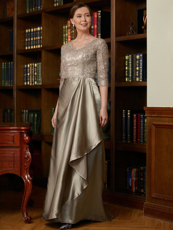 Jordan A-Line/Princess Silk Like Satin Lace V-neck 3/4 Sleeves Sweep/Brush Train Mother of the Bride Dresses DFP0020342