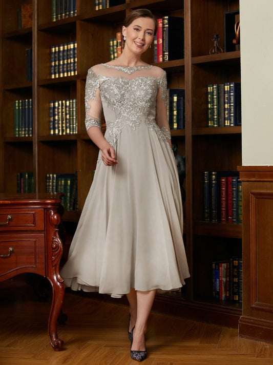 Alyssa A-Line/Princess Chiffon Lace Scoop 3/4 Sleeves Tea-Length Mother of the Bride Dresses DFP0020300