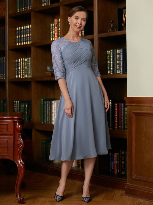 Riley A-Line/Princess Chiffon Lace Scoop 1/2 Sleeves Tea-Length Mother of the Bride Dresses DFP0020356