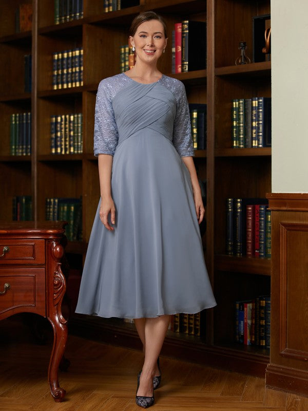 Riley A-Line/Princess Chiffon Lace Scoop 1/2 Sleeves Tea-Length Mother of the Bride Dresses DFP0020356