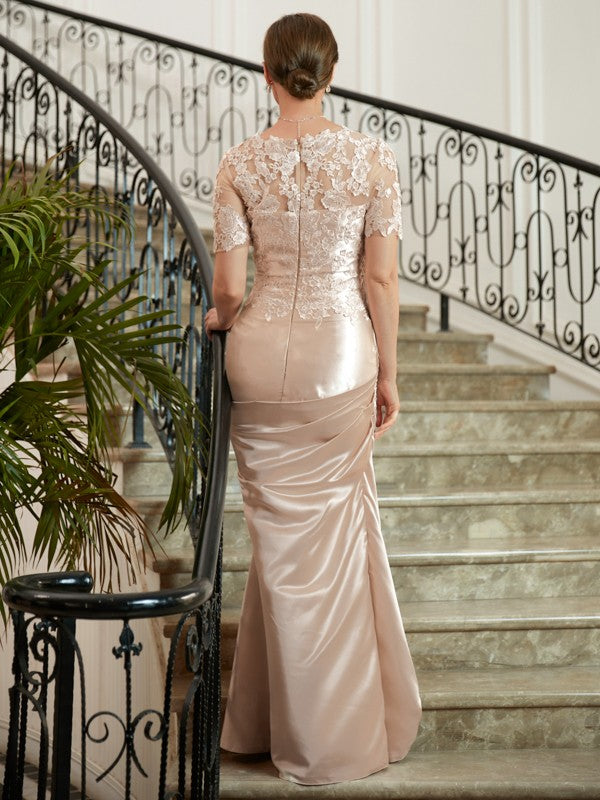 Viola Sheath/Column Satin Lace Sweetheart Short Sleeves Floor-Length Mother of the Bride Dresses DFP0020314