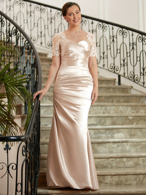 Viola Sheath/Column Satin Lace Sweetheart Short Sleeves Floor-Length Mother of the Bride Dresses DFP0020314