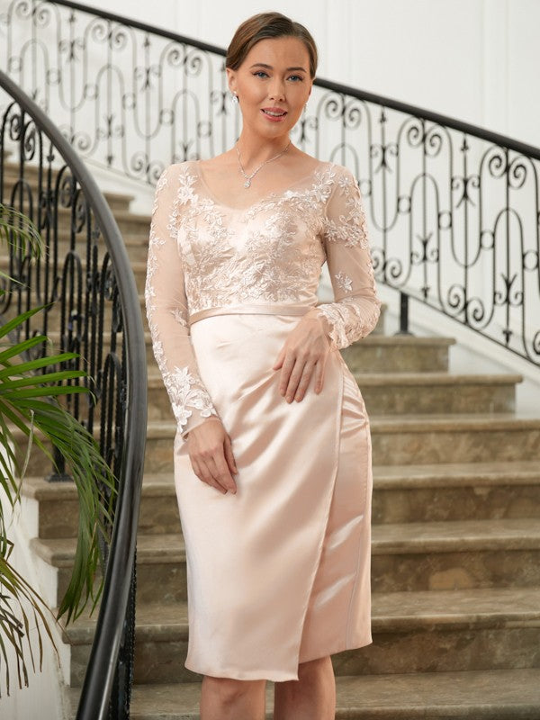 Ellie Sheath/Column Satin Lace V-neck Long Sleeves Knee-Length Mother of the Bride Dresses DFP0020359