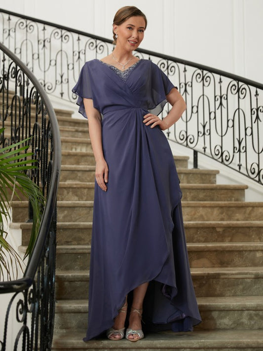 Ellie A-Line/Princess Chiffon Beading V-neck Short Sleeves Asymmetrical Mother of the Bride Dresses DFP0020312