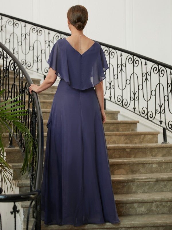 Ellie A-Line/Princess Chiffon Beading V-neck Short Sleeves Asymmetrical Mother of the Bride Dresses DFP0020312