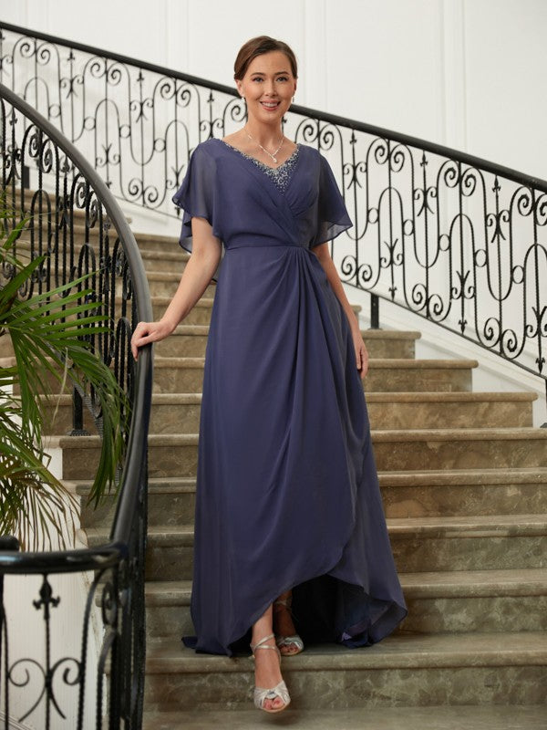 Ellie A-Line/Princess Chiffon Beading V-neck Short Sleeves Asymmetrical Mother of the Bride Dresses DFP0020312