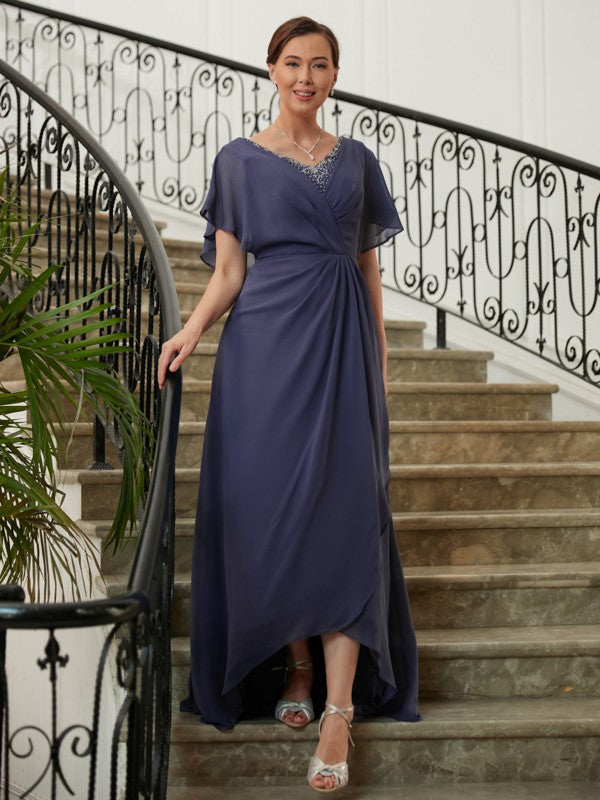 Ellie A-Line/Princess Chiffon Beading V-neck Short Sleeves Asymmetrical Mother of the Bride Dresses DFP0020312