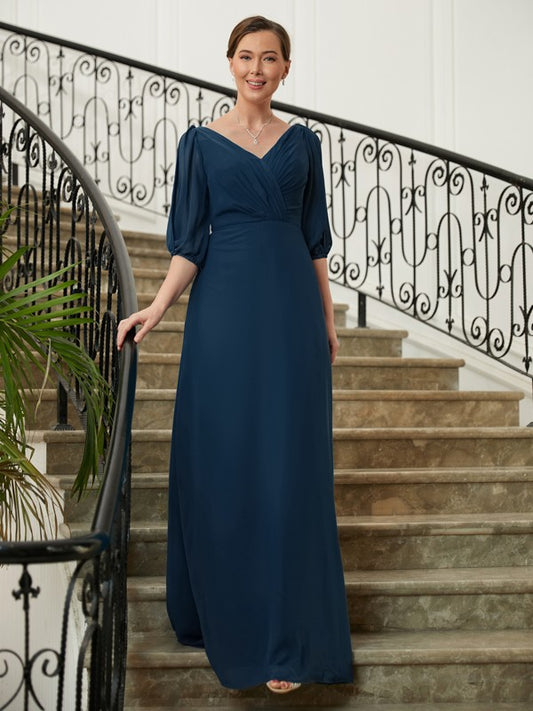 Adelaide A-Line/Princess Chiffon Ruched V-neck 1/2 Sleeves Floor-Length Mother of the Bride Dresses DFP0020344