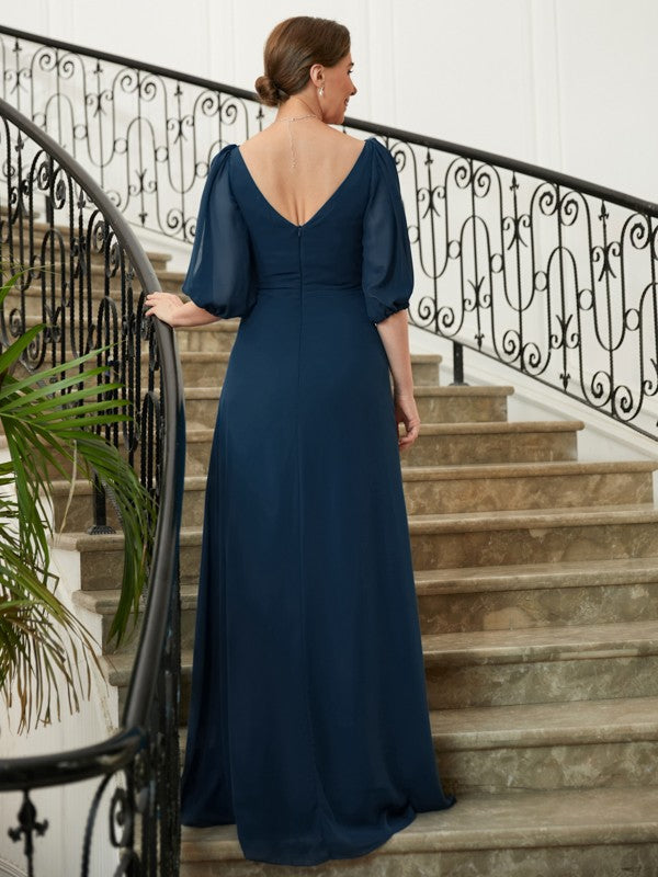 Adelaide A-Line/Princess Chiffon Ruched V-neck 1/2 Sleeves Floor-Length Mother of the Bride Dresses DFP0020344