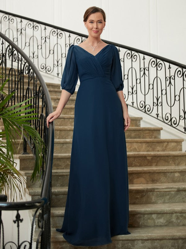 Adelaide A-Line/Princess Chiffon Ruched V-neck 1/2 Sleeves Floor-Length Mother of the Bride Dresses DFP0020344