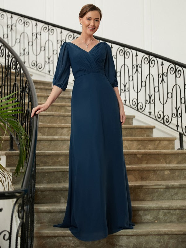 Adelaide A-Line/Princess Chiffon Ruched V-neck 1/2 Sleeves Floor-Length Mother of the Bride Dresses DFP0020344