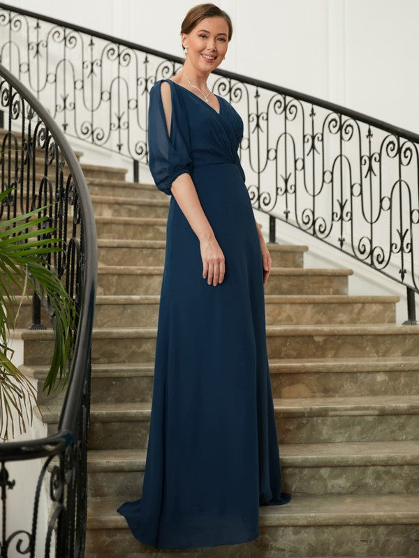 Adelaide A-Line/Princess Chiffon Ruched V-neck 1/2 Sleeves Floor-Length Mother of the Bride Dresses DFP0020344