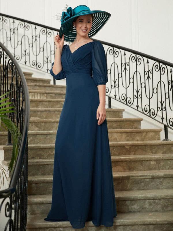 Adelaide A-Line/Princess Chiffon Ruched V-neck 1/2 Sleeves Floor-Length Mother of the Bride Dresses DFP0020344