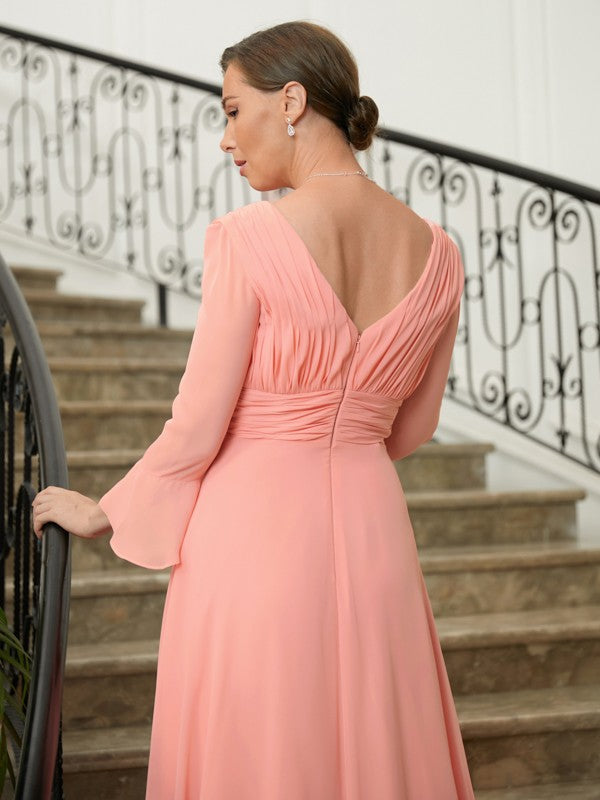 Azul A-Line/Princess Chiffon Ruched V-neck Long Sleeves Sweep/Brush Train Mother of the Bride Dresses DFP0020305