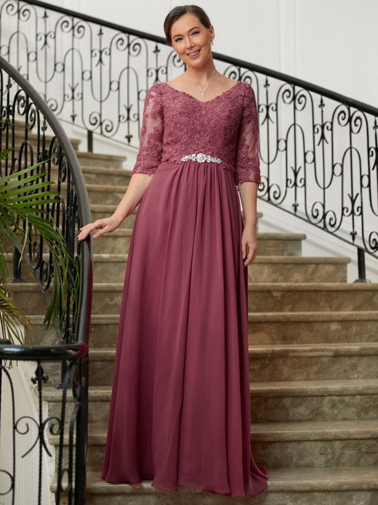 Brenda A-Line/Princess Chiffon Lace V-neck 3/4 Sleeves Floor-Length Mother of the Bride Dresses DFP0020306