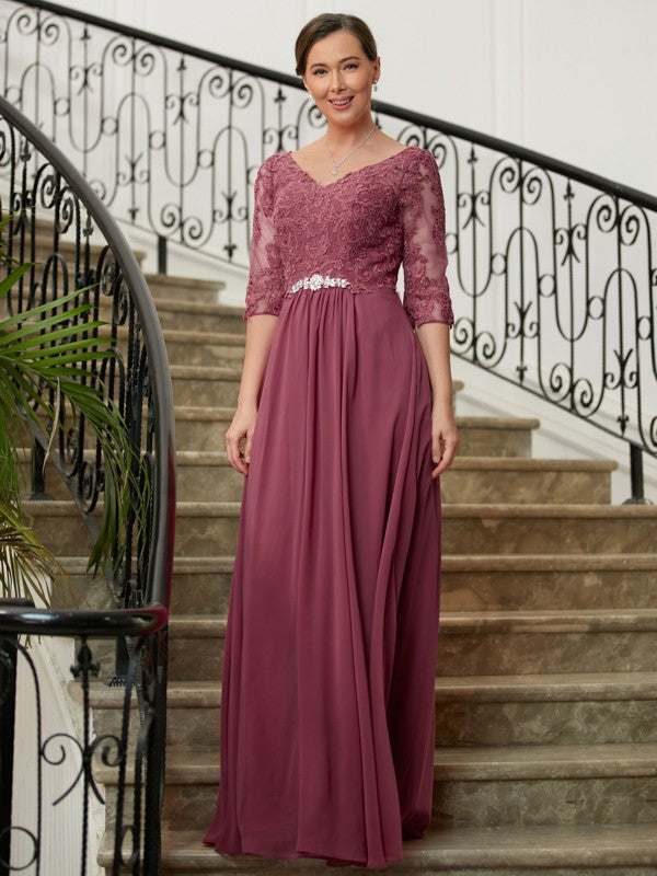 Brenda A-Line/Princess Chiffon Lace V-neck 3/4 Sleeves Floor-Length Mother of the Bride Dresses DFP0020306