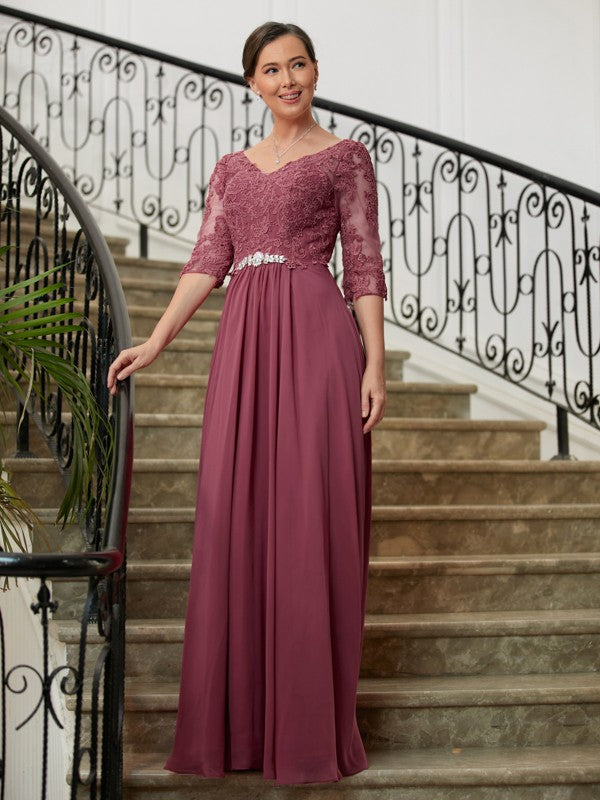 Brenda A-Line/Princess Chiffon Lace V-neck 3/4 Sleeves Floor-Length Mother of the Bride Dresses DFP0020306