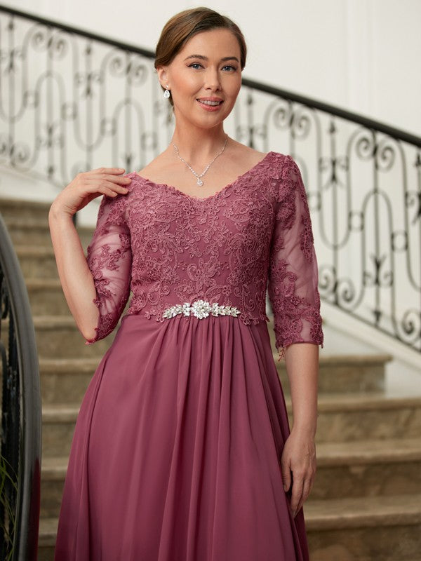 Brenda A-Line/Princess Chiffon Lace V-neck 3/4 Sleeves Floor-Length Mother of the Bride Dresses DFP0020306