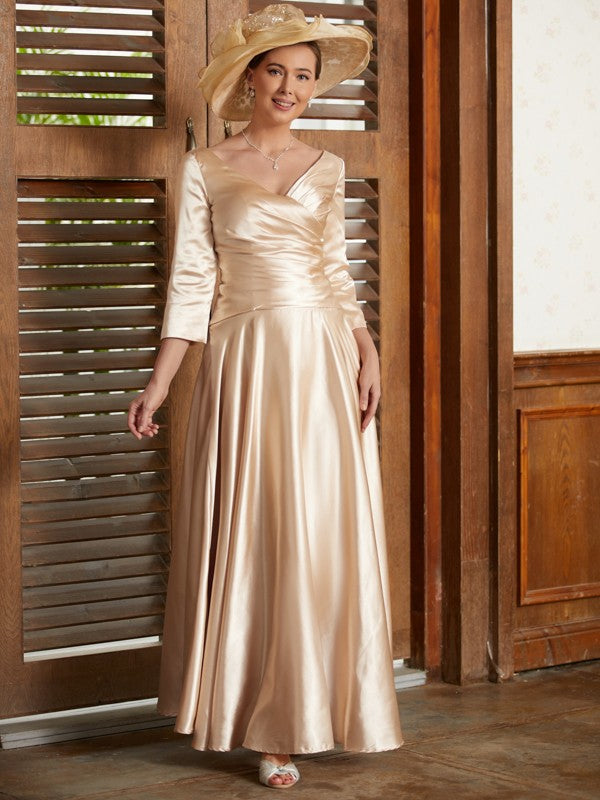 Philippa A-Line/Princess Elastic Woven Satin Ruched V-neck 3/4 Sleeves Ankle-Length Mother of the Bride Dresses DFP0020362