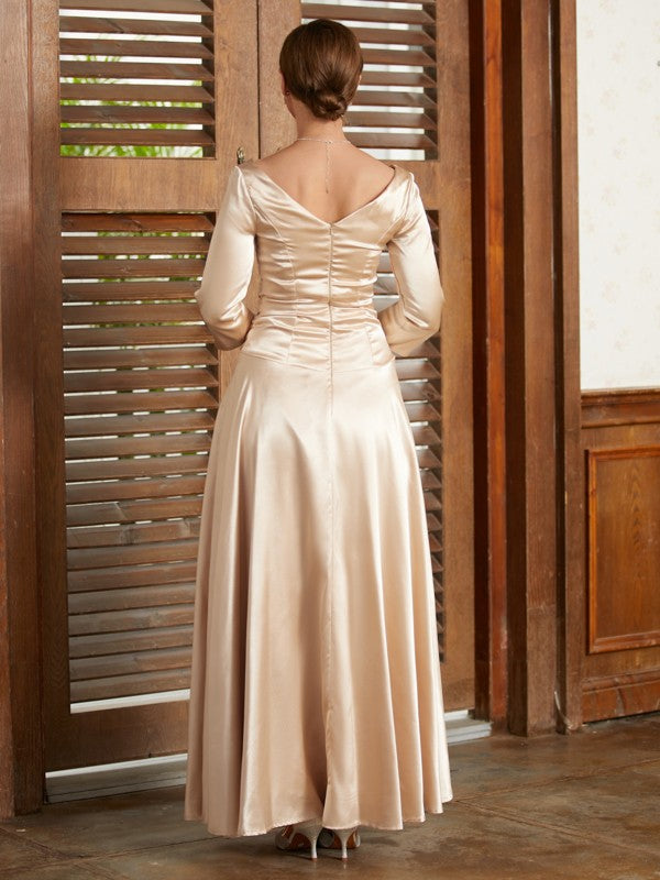 Philippa A-Line/Princess Elastic Woven Satin Ruched V-neck 3/4 Sleeves Ankle-Length Mother of the Bride Dresses DFP0020362