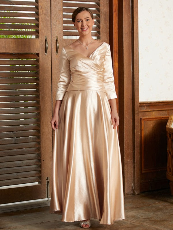 Philippa A-Line/Princess Elastic Woven Satin Ruched V-neck 3/4 Sleeves Ankle-Length Mother of the Bride Dresses DFP0020362