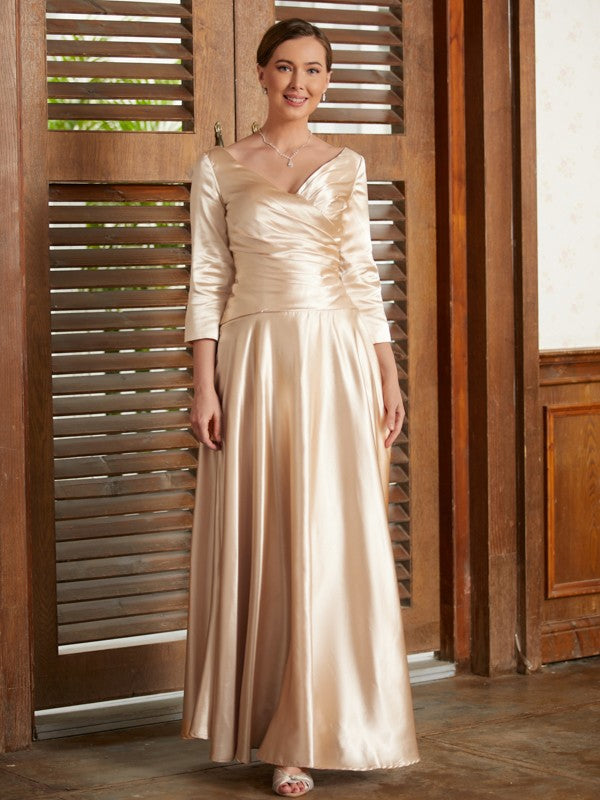 Philippa A-Line/Princess Elastic Woven Satin Ruched V-neck 3/4 Sleeves Ankle-Length Mother of the Bride Dresses DFP0020362