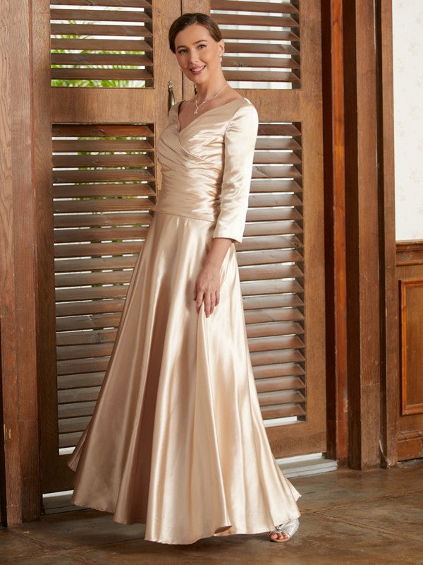 Philippa A-Line/Princess Elastic Woven Satin Ruched V-neck 3/4 Sleeves Ankle-Length Mother of the Bride Dresses DFP0020362