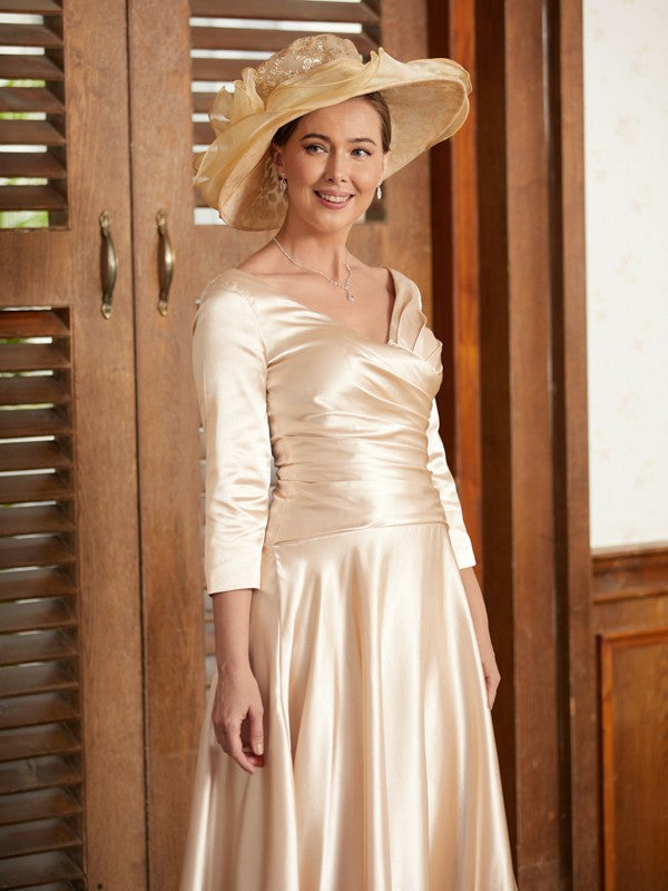 Philippa A-Line/Princess Elastic Woven Satin Ruched V-neck 3/4 Sleeves Ankle-Length Mother of the Bride Dresses DFP0020362