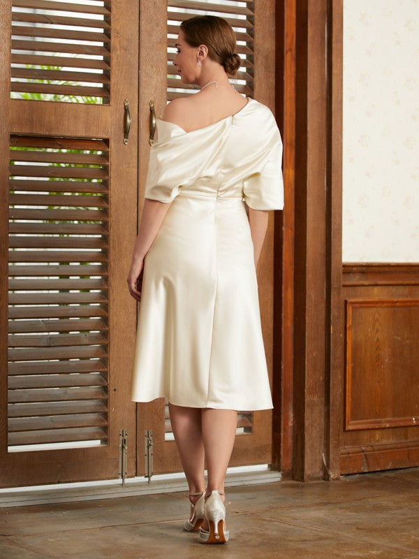 Salma A-Line/Princess Charmeuse Ruched Off-the-Shoulder 1/2 Sleeves Tea-Length Mother of the Bride Dresses DFP0020363